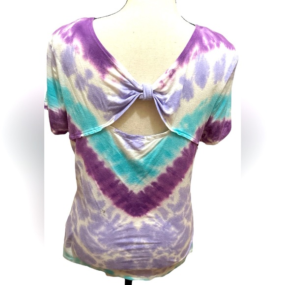 New Directions Colorful Purple Blue Tie Dye Open Back Bow Women’s Shirt Large - Picture 3 of 7